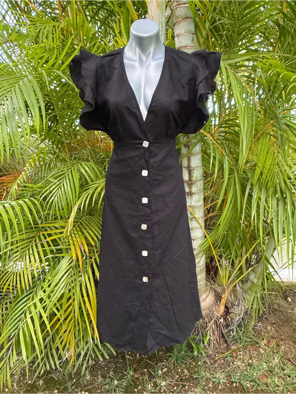 Anthropologie / Charlie Holiday Black Ruffle-Sleeve Button Midi Dress